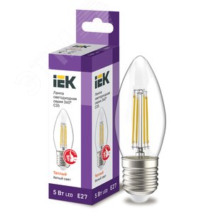Лампа IEK LED5 5W С37 E27 3000K свеча филамент прозрачный