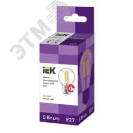 Лампа IEK LED5 5W E27 3000K шар филамент прозрачный