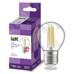 Лампа IEK LED7 7W E27 3000K шар филамент прозрачный