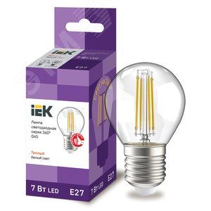 Лампа IEK LED7 7W E27 3000K шар филамент прозрачный
