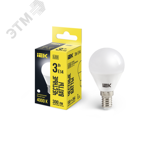 Лампа IEK LED3 3W E14 4000K шар 