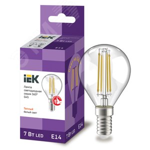 Лампа IEK LED7 7W E14 3000K шар филамент прозрачный