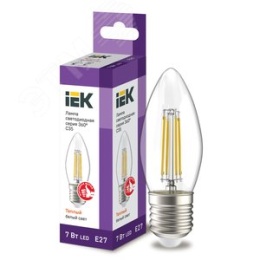 Лампа IEK LED7 7W С37 E27 3000K свеча филамент прозрачный